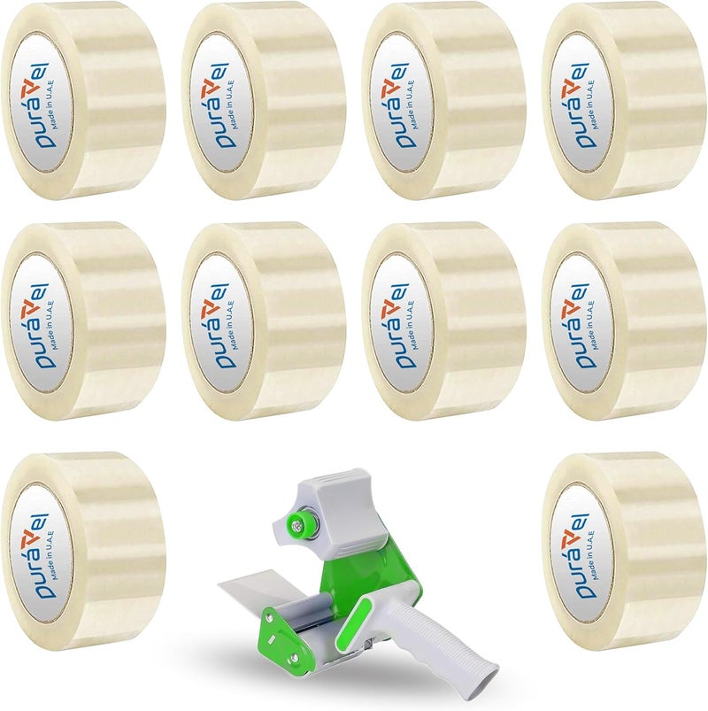 Duravel Packing Tape with Dispenser Gun - Clear Tape Roll and Green Ergonomic Dispenser (10 Rolls) - Image 1